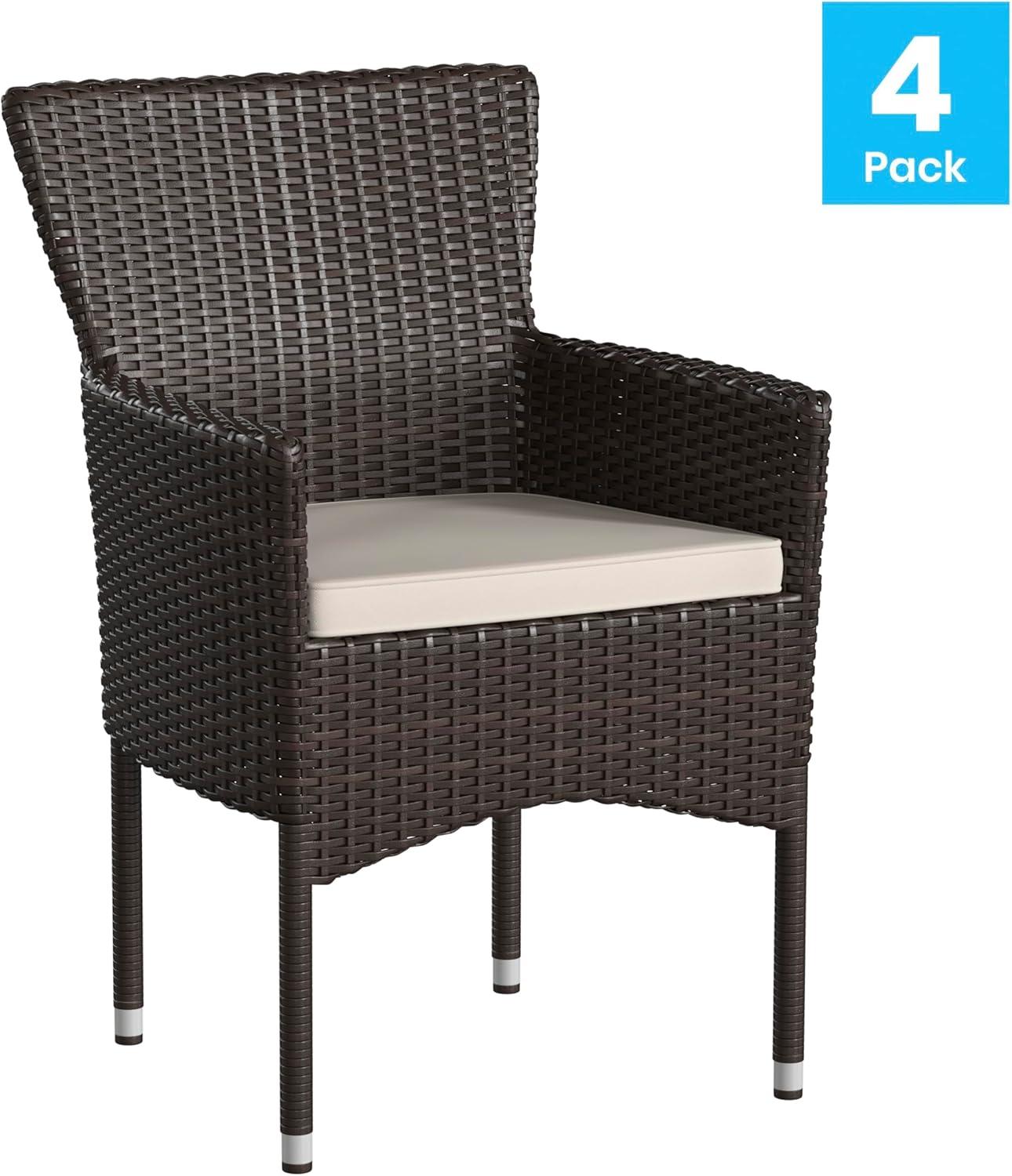 imageFlash Furniture Peregrine 7 Piece Outdoor Patio Dining Set Space Saving Black Wicker Modular Chairs ampamp Cream CushionsNatural Finish Acacia Wood TableSeating for 6EspressoCream