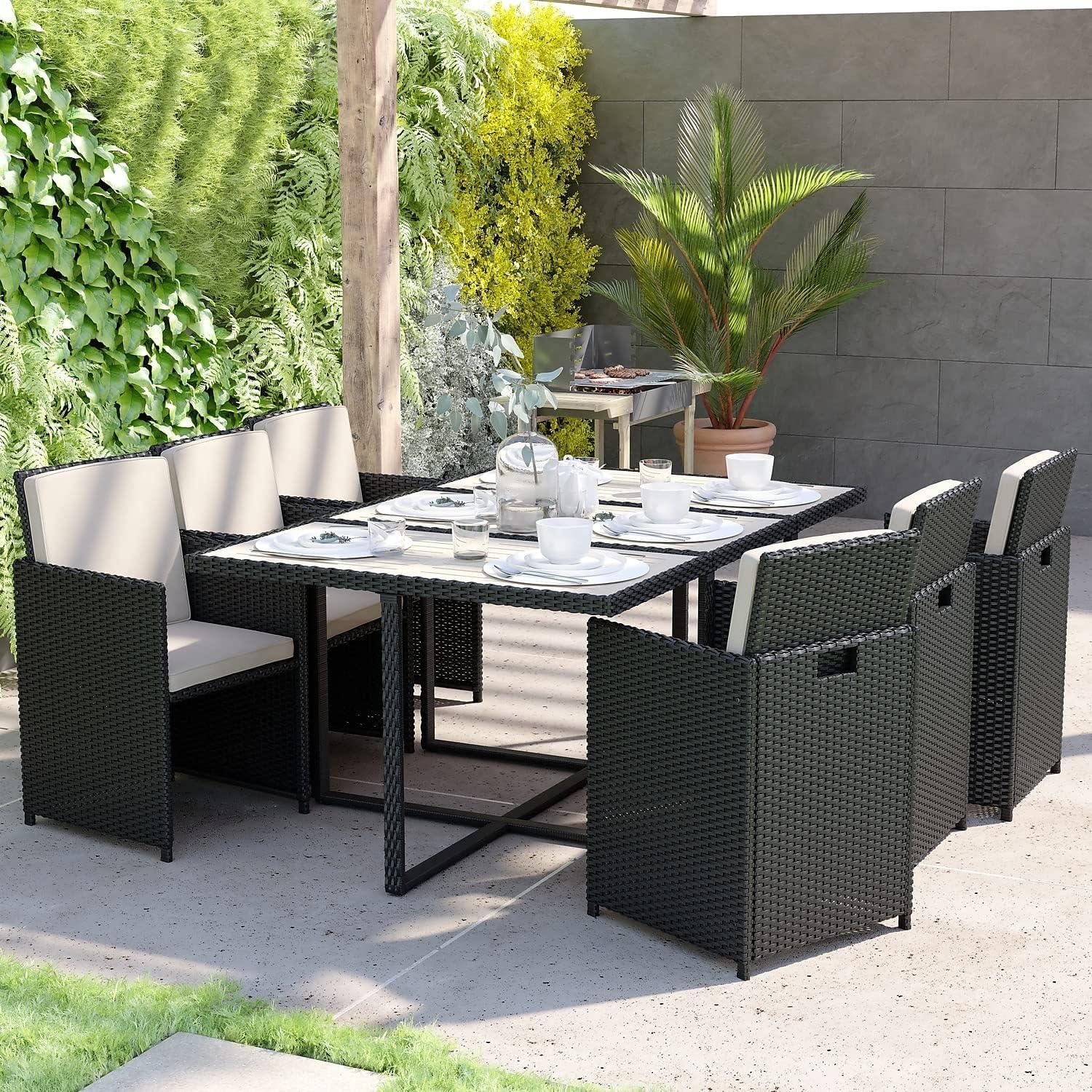 imageFlash Furniture Peregrine 7 Piece Outdoor Patio Dining Set Space Saving Black Wicker Modular Chairs ampamp Cream CushionsNatural Finish Acacia Wood TableSeating for 6GrayBlack