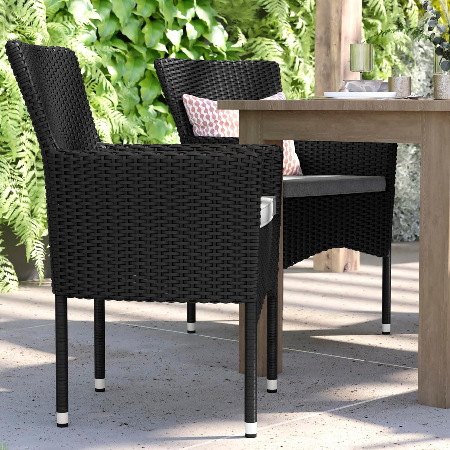 imageFlash Furniture Peregrine 7 Piece Outdoor Patio Dining Set Space Saving Black Wicker Modular Chairs ampamp Cream CushionsNatural Finish Acacia Wood TableSeating for 6BlackGray
