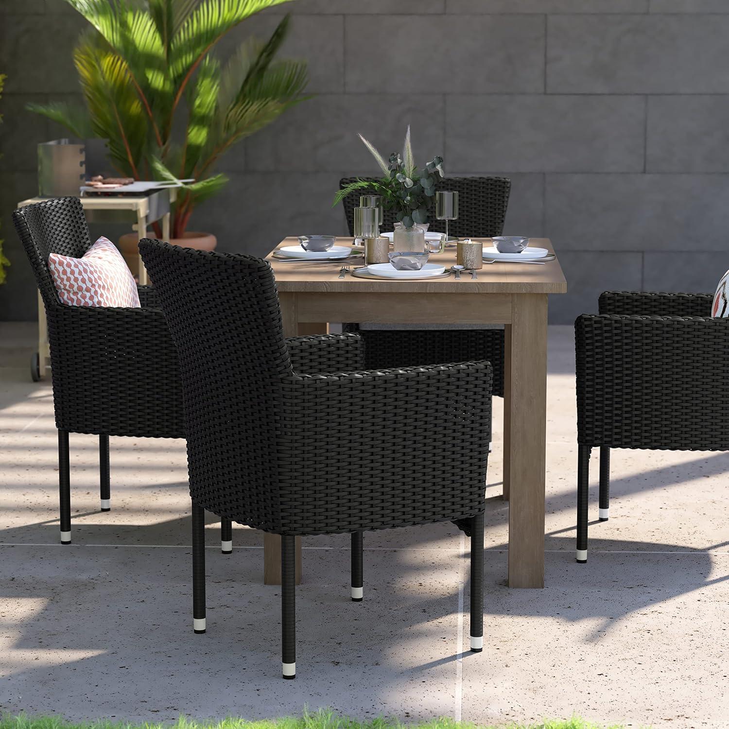 imageFlash Furniture Peregrine 7 Piece Outdoor Patio Dining Set Space Saving Black Wicker Modular Chairs ampamp Cream CushionsNatural Finish Acacia Wood TableSeating for 6BlackGray