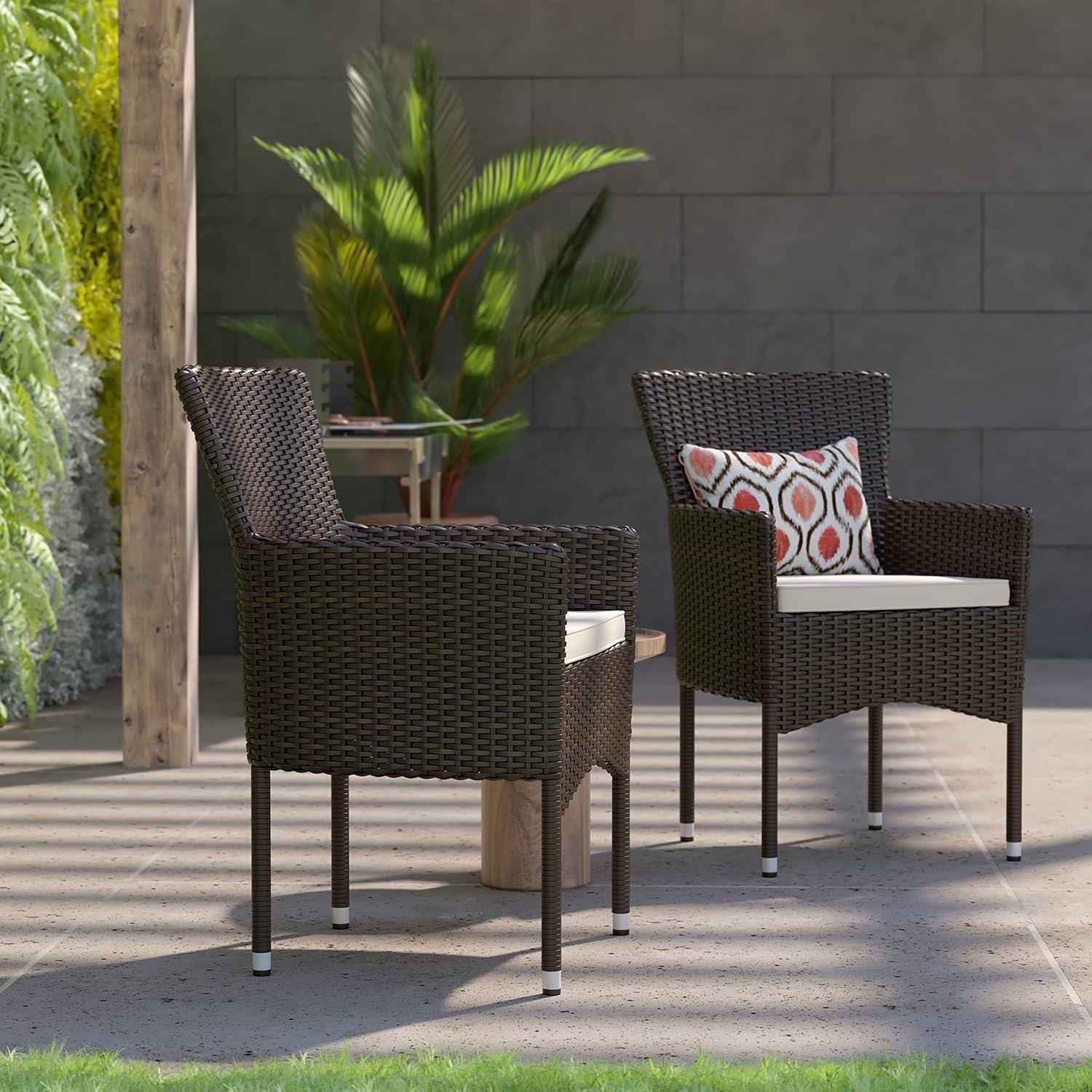 imageFlash Furniture Peregrine 7 Piece Outdoor Patio Dining Set Space Saving Black Wicker Modular Chairs ampamp Cream CushionsNatural Finish Acacia Wood TableSeating for 6EspressoCream