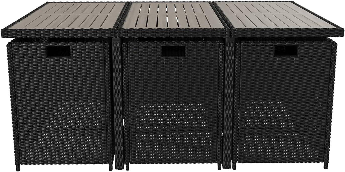 imageFlash Furniture Peregrine 7 Piece Outdoor Patio Dining Set Space Saving Black Wicker Modular Chairs ampamp Cream CushionsNatural Finish Acacia Wood TableSeating for 6GrayBlack