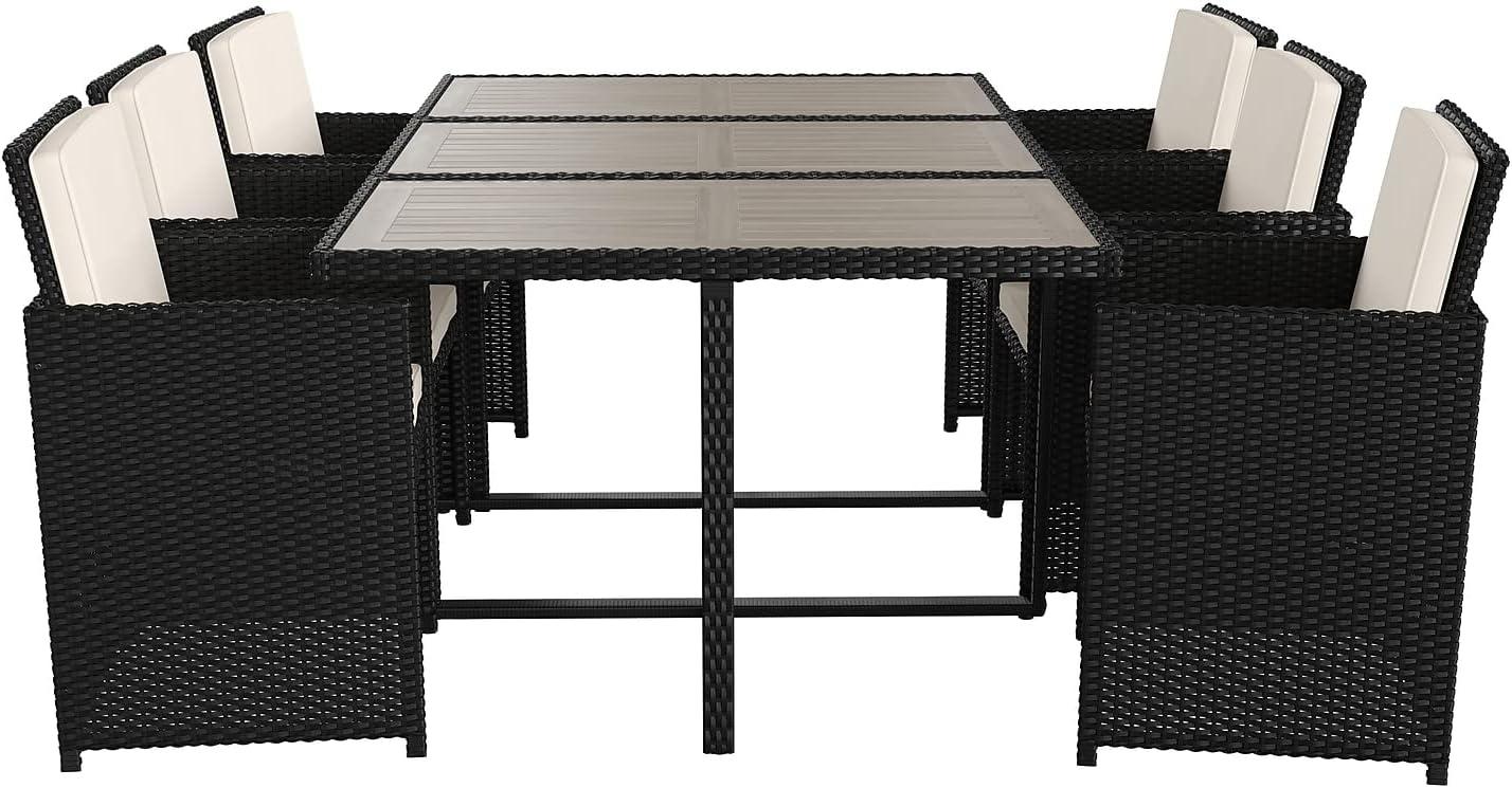 imageFlash Furniture Peregrine 7 Piece Outdoor Patio Dining Set Space Saving Black Wicker Modular Chairs ampamp Cream CushionsNatural Finish Acacia Wood TableSeating for 6GrayBlack