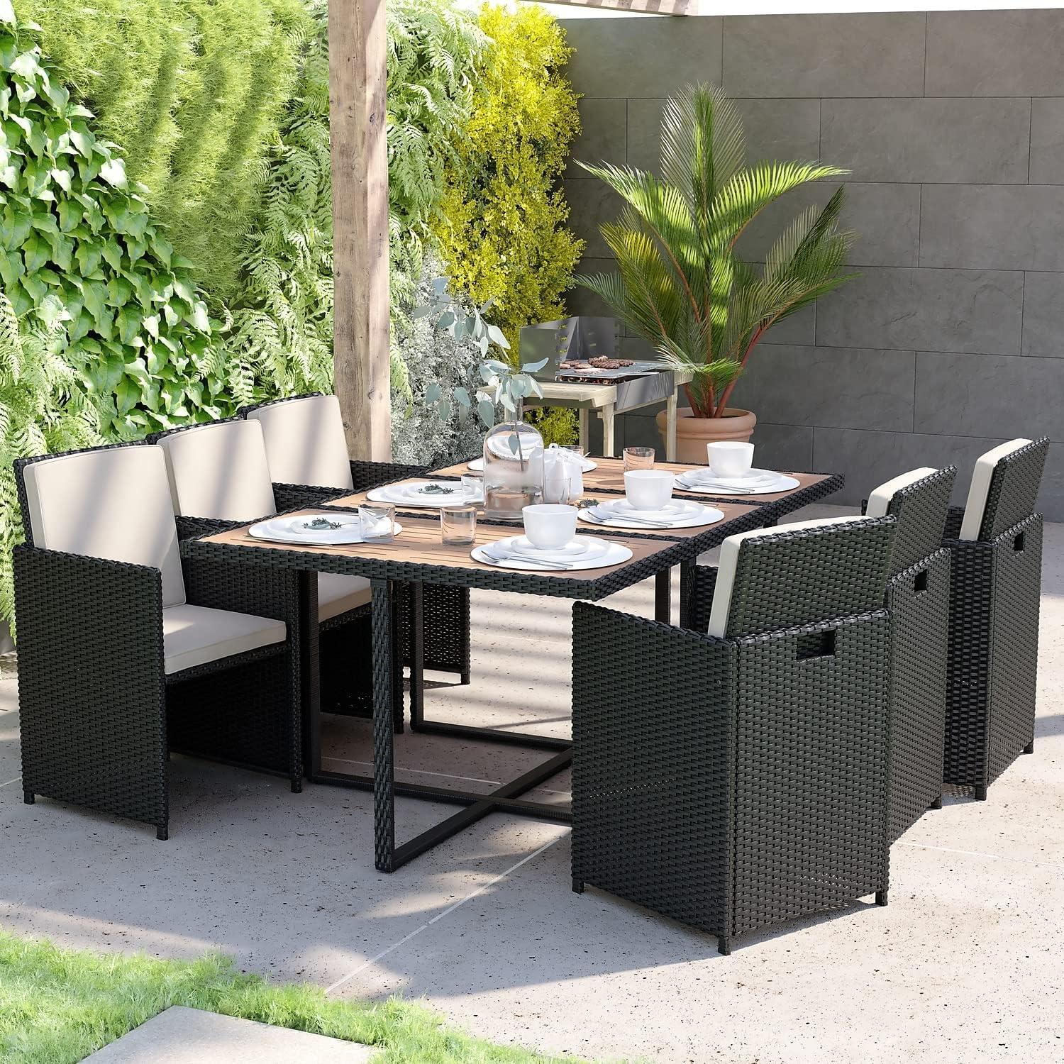 imageFlash Furniture Peregrine 7 Piece Outdoor Patio Dining Set Space Saving Black Wicker Modular Chairs ampamp Cream CushionsNatural Finish Acacia Wood TableSeating for 6NaturalBlack