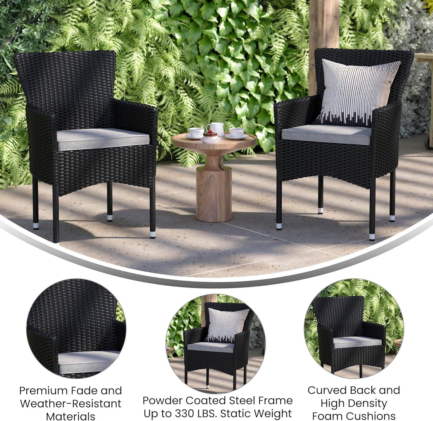 imageFlash Furniture Peregrine 7 Piece Outdoor Patio Dining Set Space Saving Black Wicker Modular Chairs ampamp Cream CushionsNatural Finish Acacia Wood TableSeating for 6BlackGray
