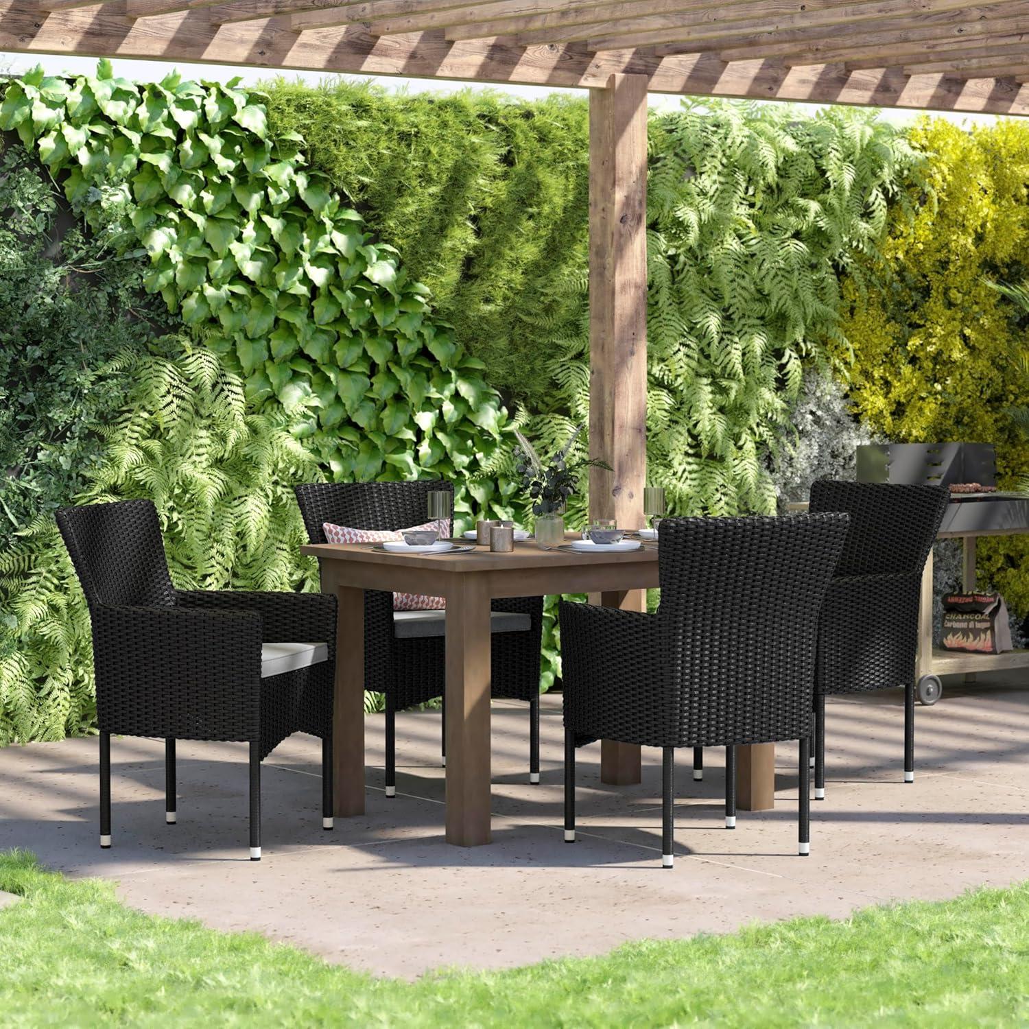 imageFlash Furniture Peregrine 7 Piece Outdoor Patio Dining Set Space Saving Black Wicker Modular Chairs ampamp Cream CushionsNatural Finish Acacia Wood TableSeating for 6BlackGray