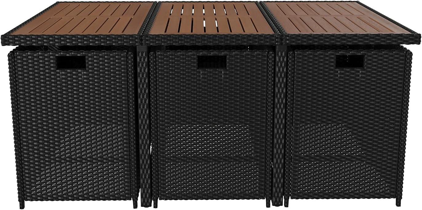 imageFlash Furniture Peregrine 7 Piece Outdoor Patio Dining Set Space Saving Black Wicker Modular Chairs ampamp Cream CushionsNatural Finish Acacia Wood TableSeating for 6NaturalBlack