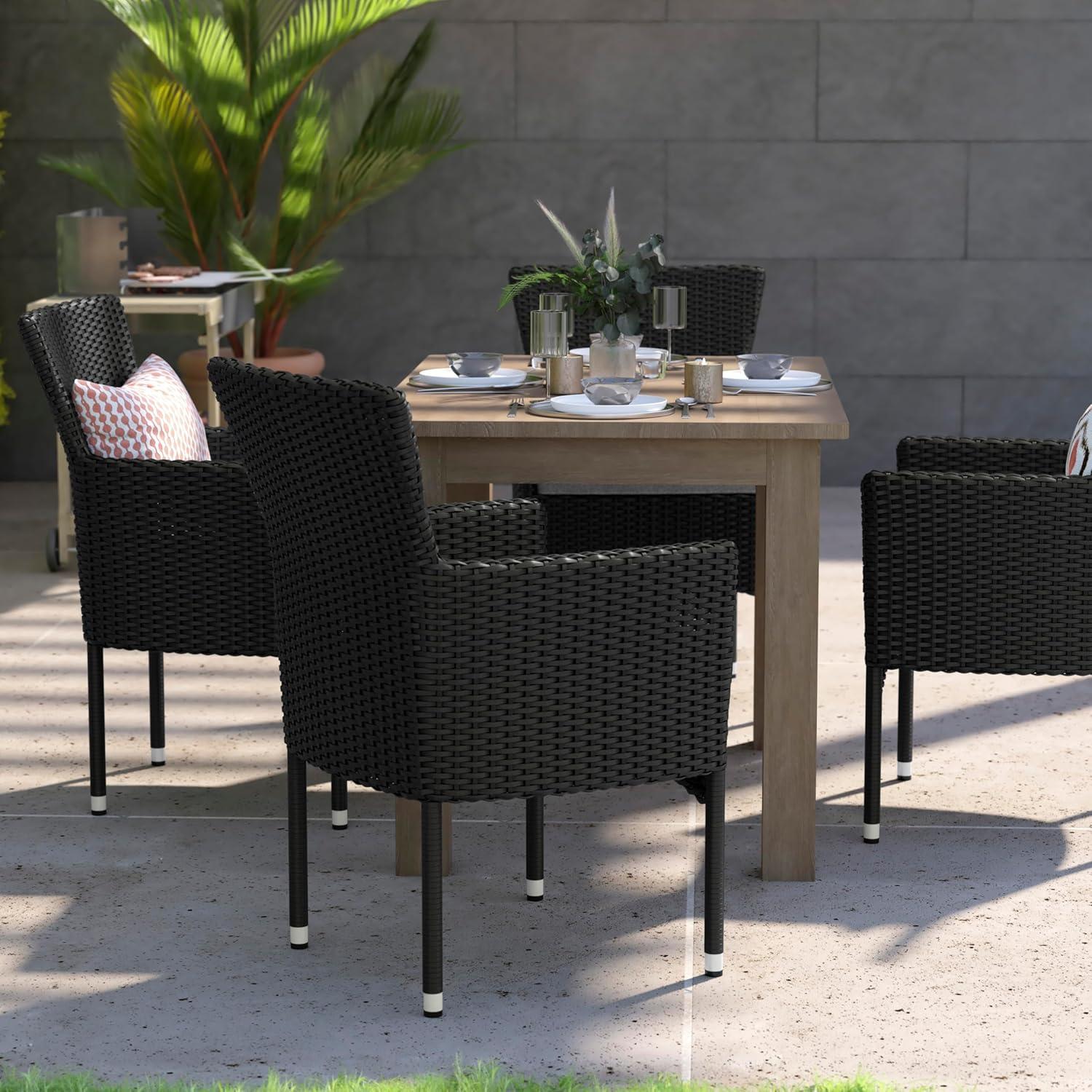 imageFlash Furniture Peregrine 7 Piece Outdoor Patio Dining Set Space Saving Black Wicker Modular Chairs ampamp Cream CushionsNatural Finish Acacia Wood TableSeating for 6BlackGray