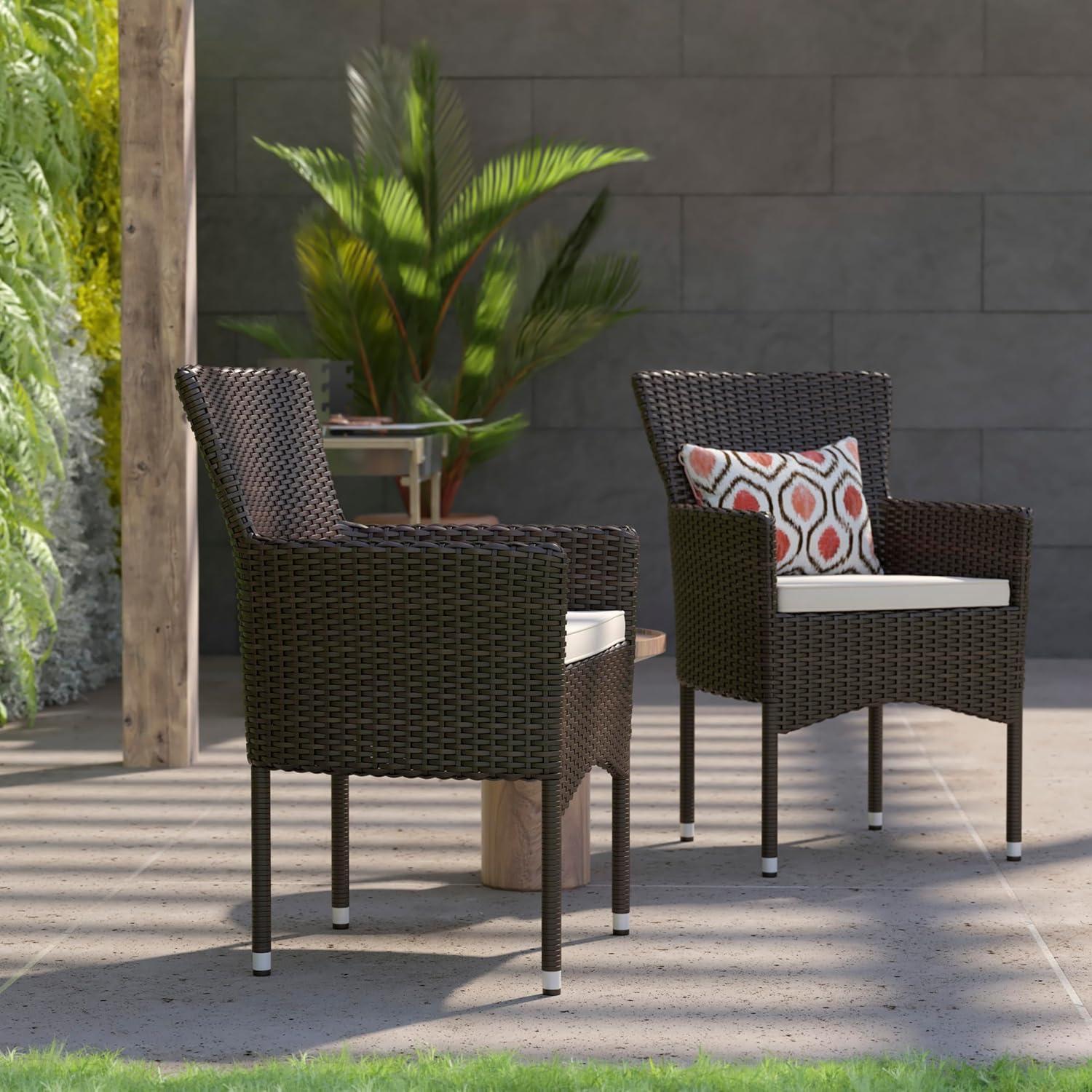imageFlash Furniture Peregrine 7 Piece Outdoor Patio Dining Set Space Saving Black Wicker Modular Chairs ampamp Cream CushionsNatural Finish Acacia Wood TableSeating for 6EspressoCream