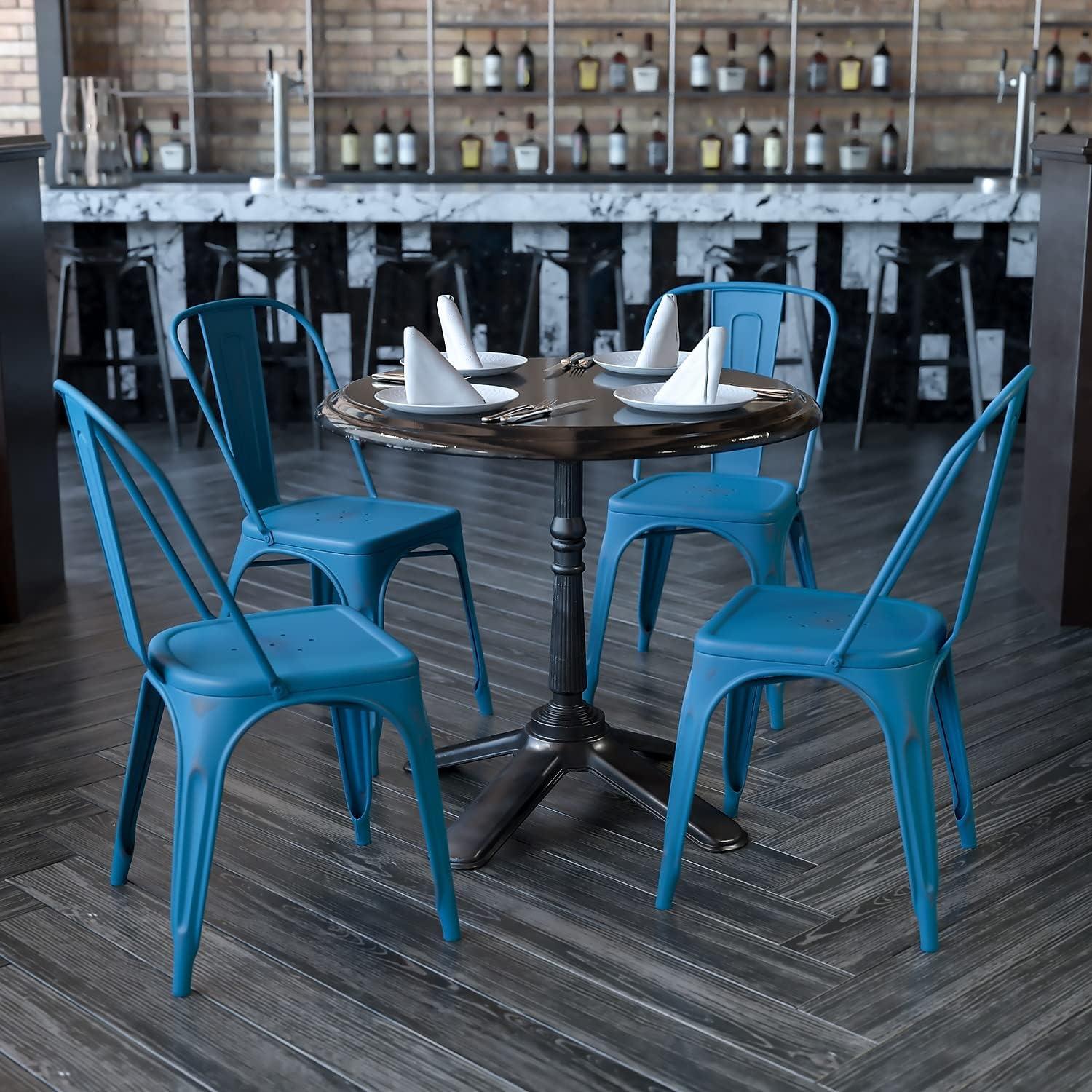 imageFlash Furniture Perry Commercial Grade BlackAntique Gold Metal IndoorOutdoor Stackable ChairDistressed Antique Blue