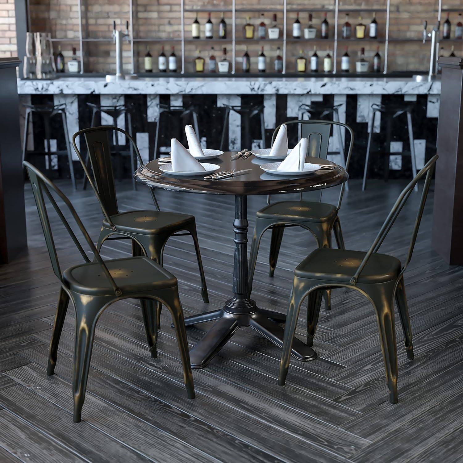 imageFlash Furniture Perry Commercial Grade BlackAntique Gold Metal IndoorOutdoor Stackable ChairDistressed Copper