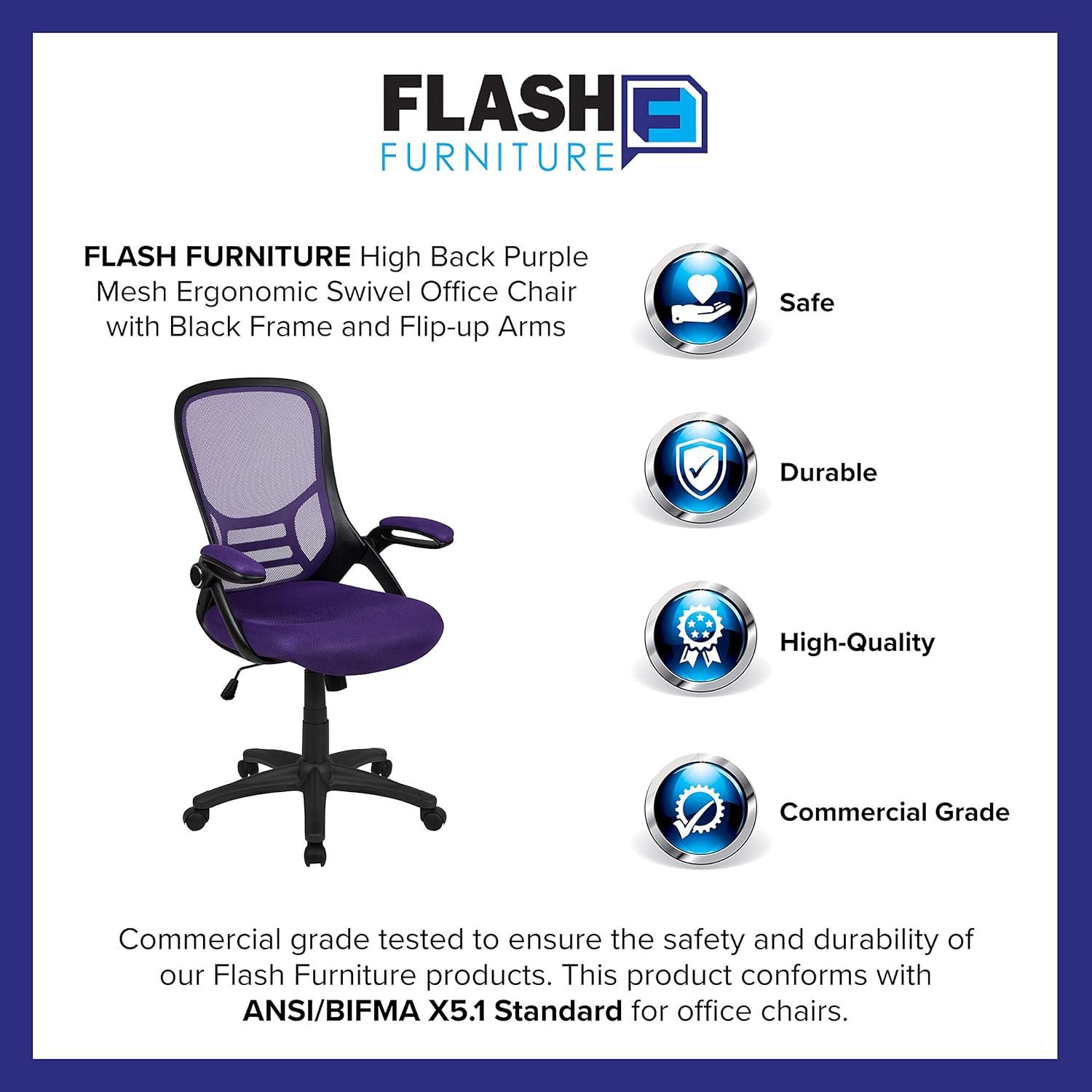 imageFlash Furniture Porter High Back Black Mesh Ergonomic Swivel Office Chair with Black Frame and Flipup ArmsPurple