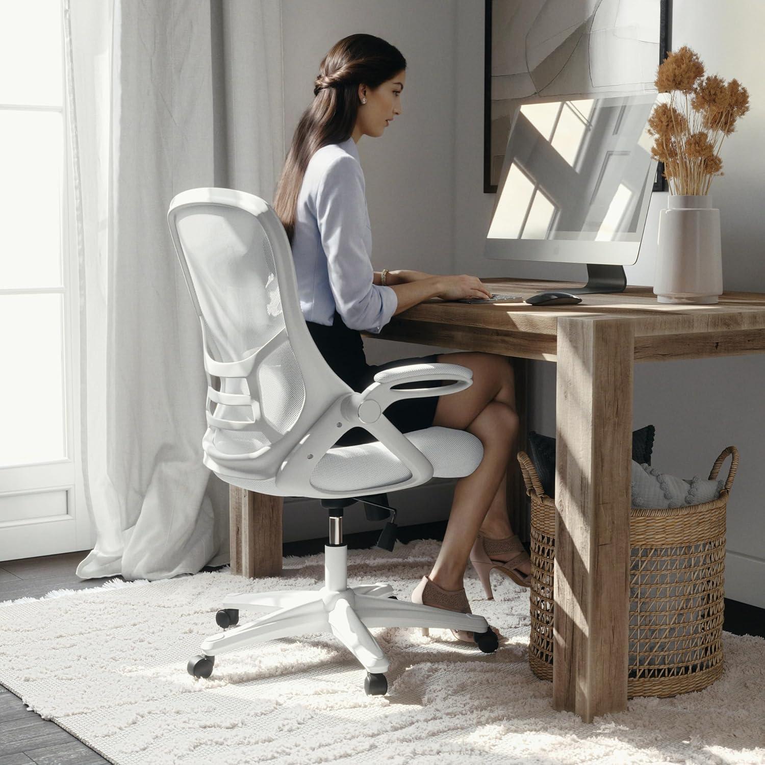 imageFlash Furniture Porter High Back Black Mesh Ergonomic Swivel Office Chair with Black Frame and Flipup ArmsWhite