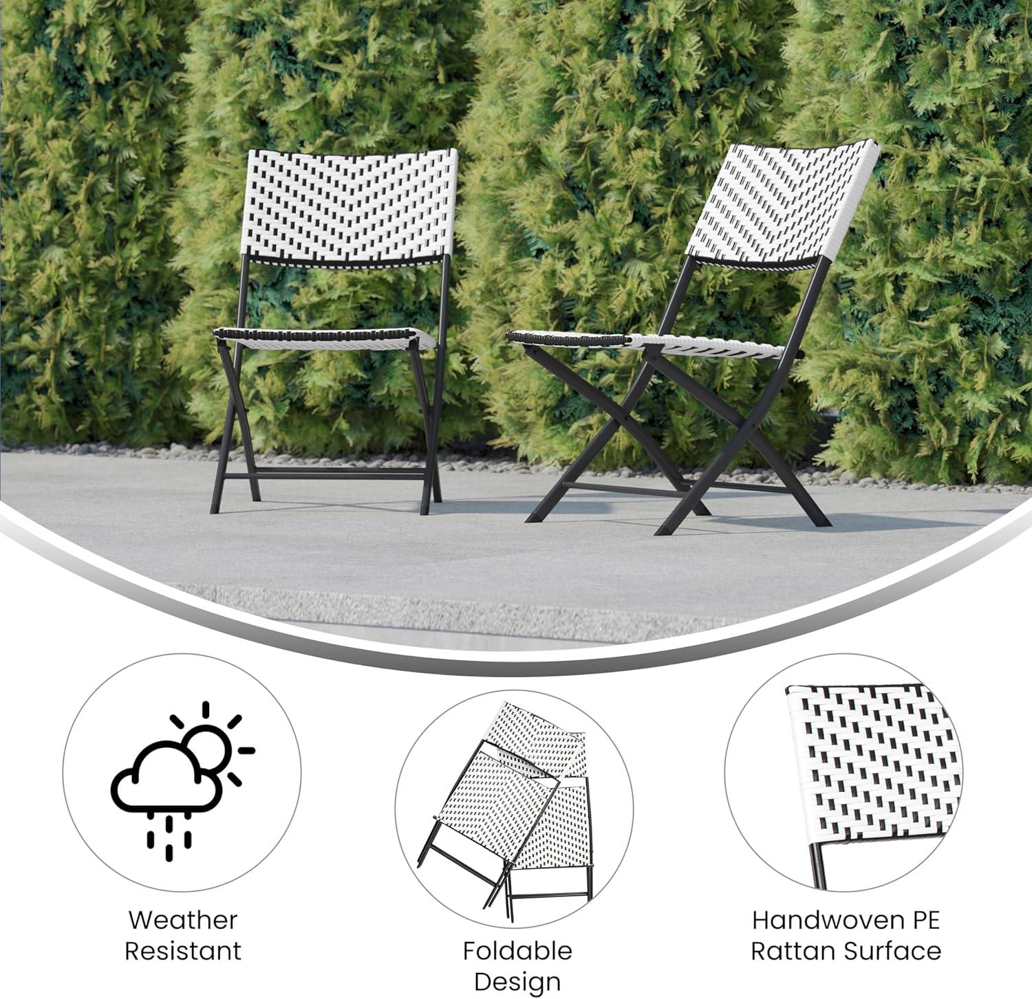 imageFlash Furniture Rouen Commercial Grade Folding Bistro Chairs IndoorOutdoor PE Rattan Back and Seat Black Steel Frames Set of 2 BlackWhiteBlackWhite