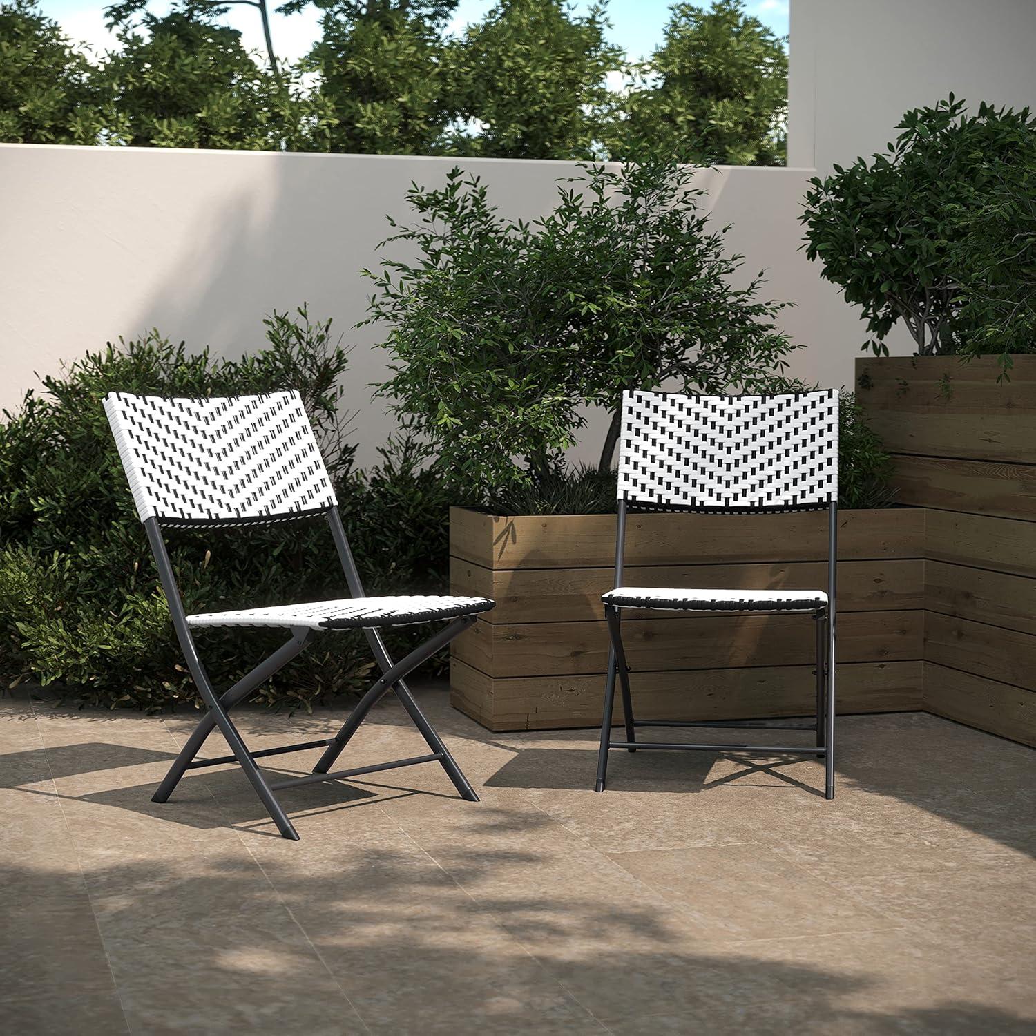 imageFlash Furniture Rouen Commercial Grade Folding Bistro Chairs IndoorOutdoor PE Rattan Back and Seat Black Steel Frames Set of 2 BlackWhiteBlackWhite