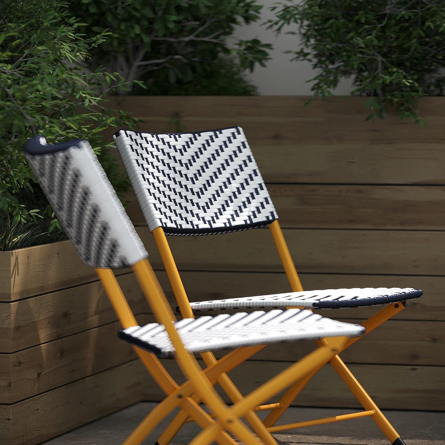imageFlash Furniture Rouen Commercial Grade Folding Bistro Chairs IndoorOutdoor PE Rattan Back and Seat Black Steel Frames Set of 2 BlackWhiteNavyWhite