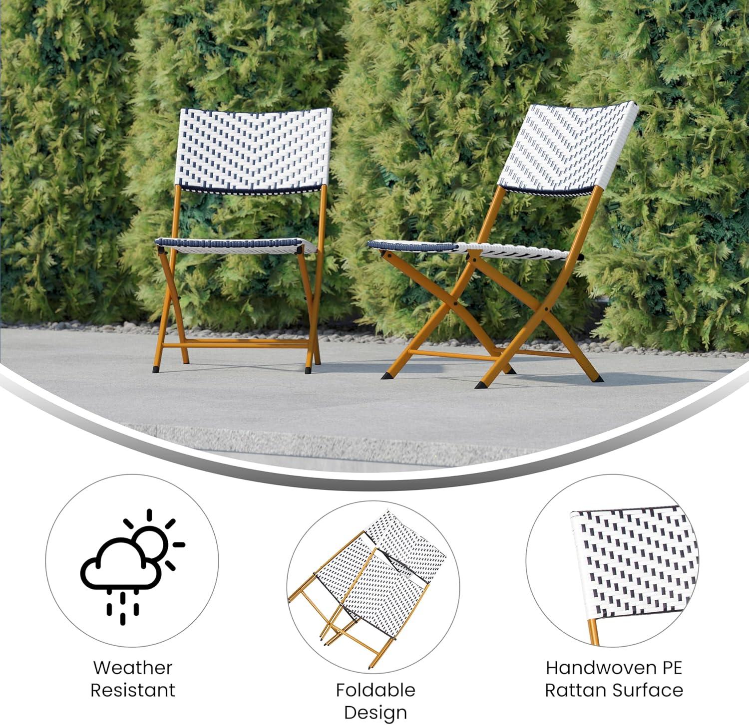 imageFlash Furniture Rouen Commercial Grade Folding Bistro Chairs IndoorOutdoor PE Rattan Back and Seat Black Steel Frames Set of 2 BlackWhiteNavyWhite