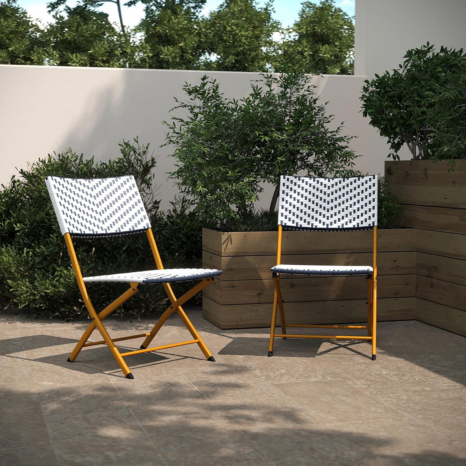 imageFlash Furniture Rouen Commercial Grade Folding Bistro Chairs IndoorOutdoor PE Rattan Back and Seat Black Steel Frames Set of 2 BlackWhiteNavyWhite