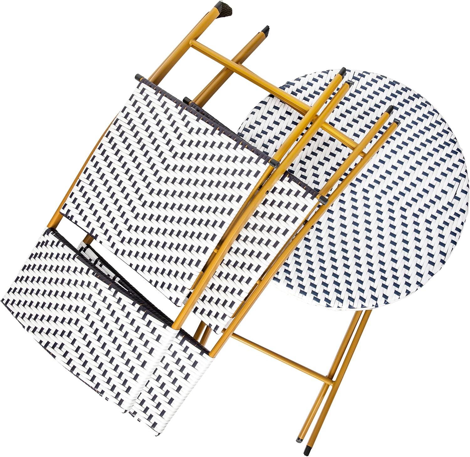 imageFlash Furniture Rouen Commercial Grade Folding Bistro Set IndoorOutdoor PE Rattan Table Top Back and Seat Natural Steel Frames 3 Piece Set NavyWhiteNavy White