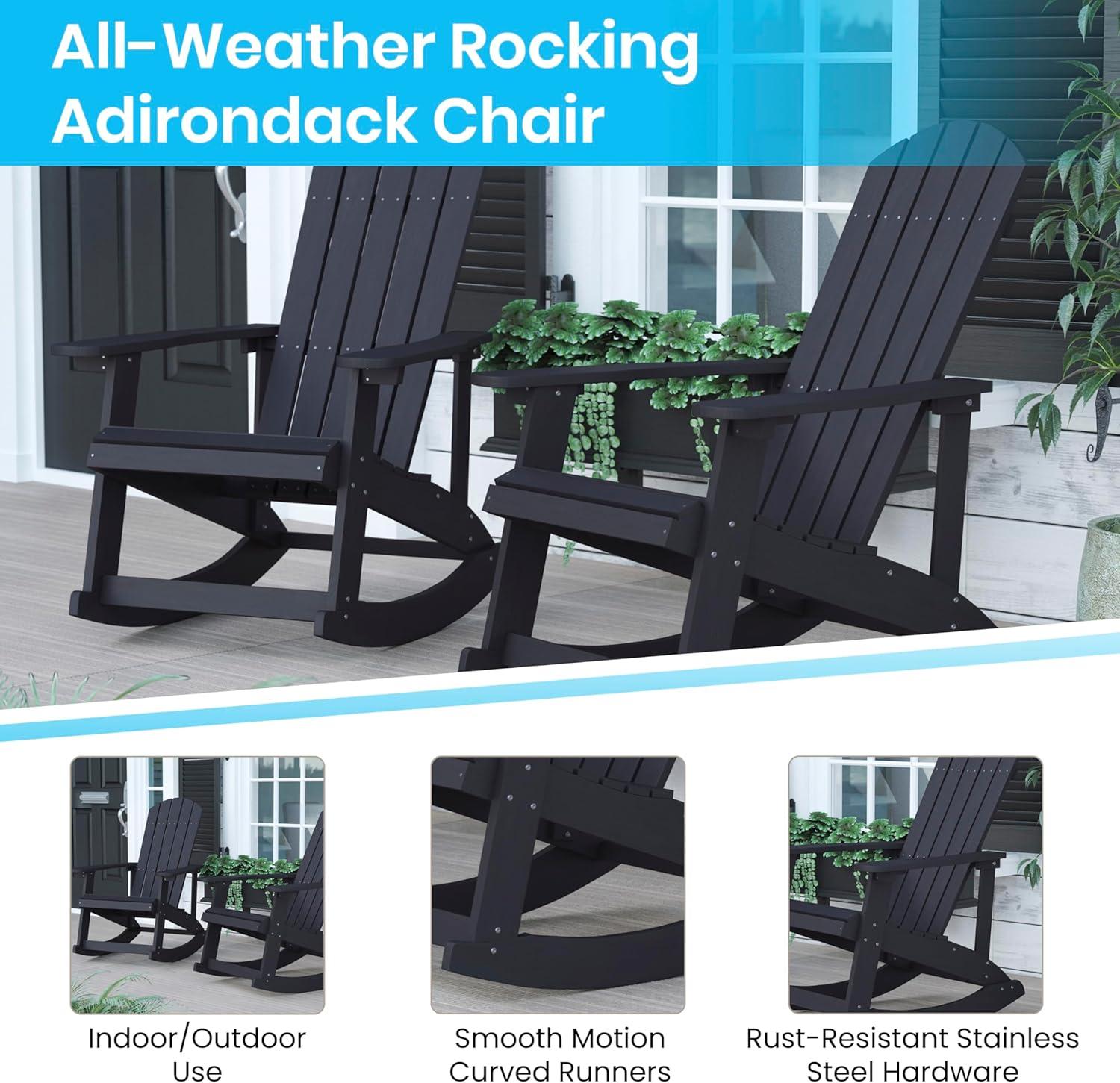 imageFlash Furniture Savannah Poly Resin Wood Adirondack Rocking Chair All Weather Yellow Polystyrene Stainless Steel HardwareBlack