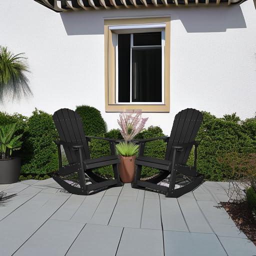 imageFlash Furniture Savannah Poly Resin Wood Adirondack Rocking Chair All Weather Yellow Polystyrene Stainless Steel HardwareBlack