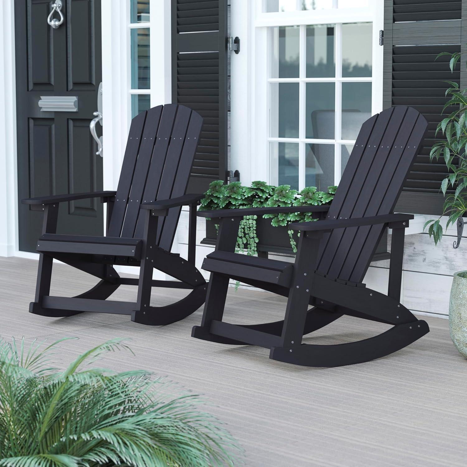 imageFlash Furniture Savannah Poly Resin Wood Adirondack Rocking Chair All Weather Yellow Polystyrene Stainless Steel HardwareBlack