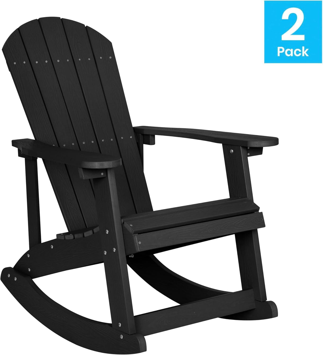 imageFlash Furniture Savannah Poly Resin Wood Adirondack Rocking Chair All Weather Yellow Polystyrene Stainless Steel HardwareBlack