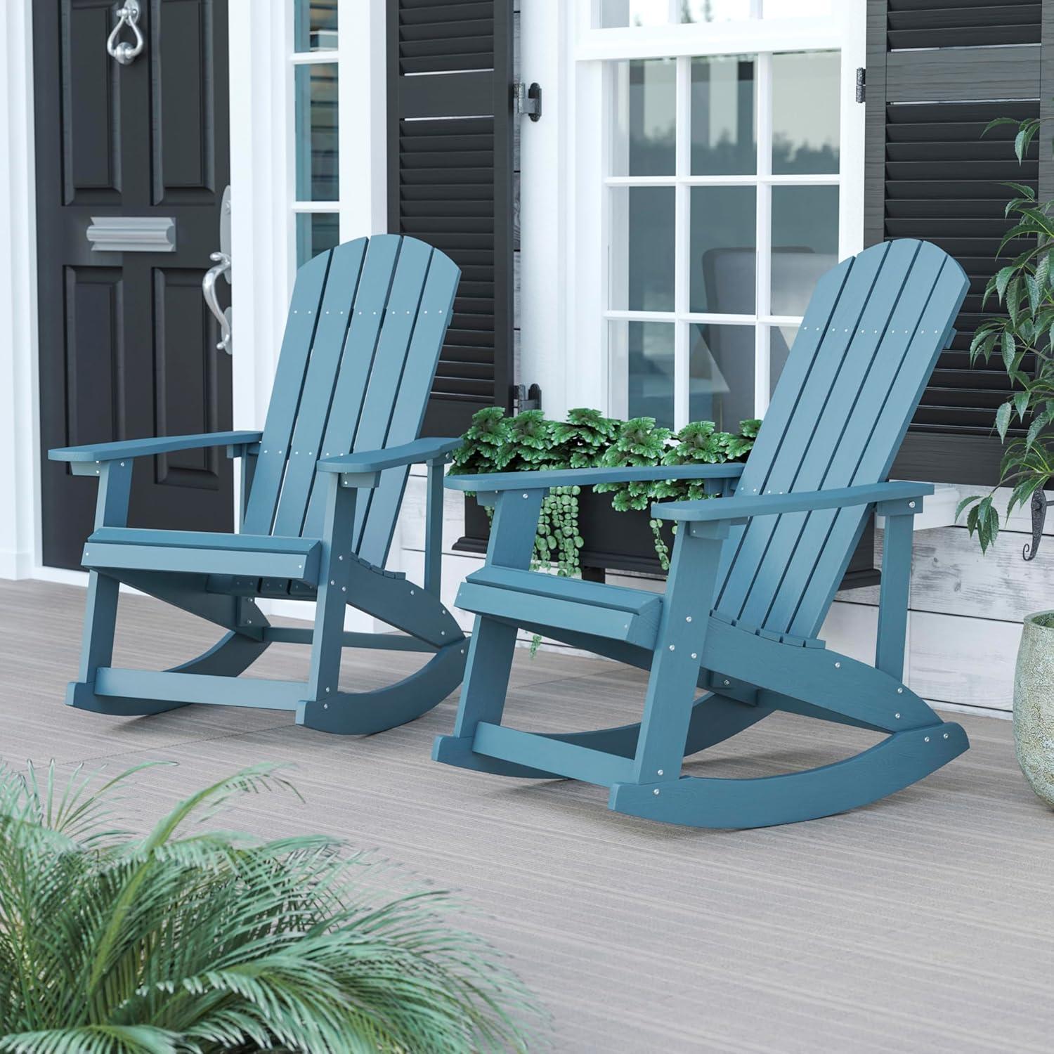 imageFlash Furniture Savannah Poly Resin Wood Adirondack Rocking Chair All Weather Yellow Polystyrene Stainless Steel HardwareSea Foam