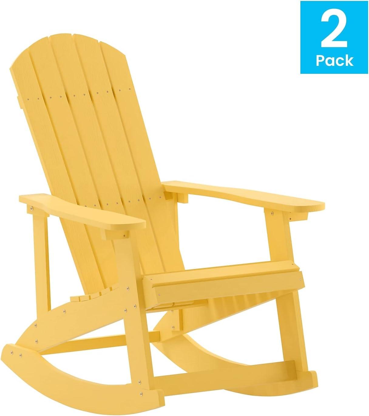 imageFlash Furniture Savannah Poly Resin Wood Adirondack Rocking Chair All Weather Yellow Polystyrene Stainless Steel HardwareYellow