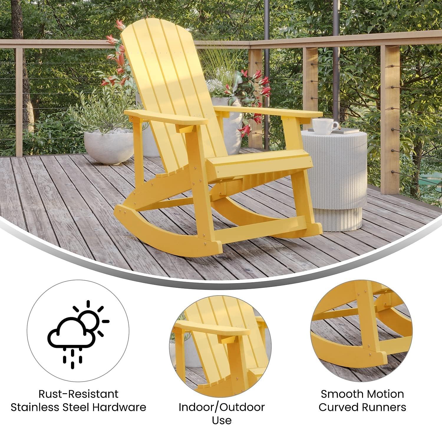 imageFlash Furniture Savannah Poly Resin Wood Adirondack Rocking Chair All Weather Yellow Polystyrene Stainless Steel HardwareYellow