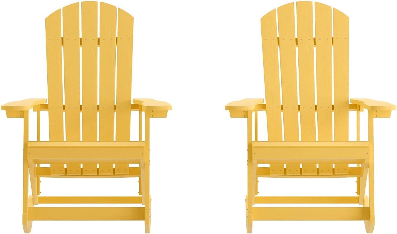 imageFlash Furniture Savannah Poly Resin Wood Adirondack Rocking Chair All Weather Yellow Polystyrene Stainless Steel HardwareYellow