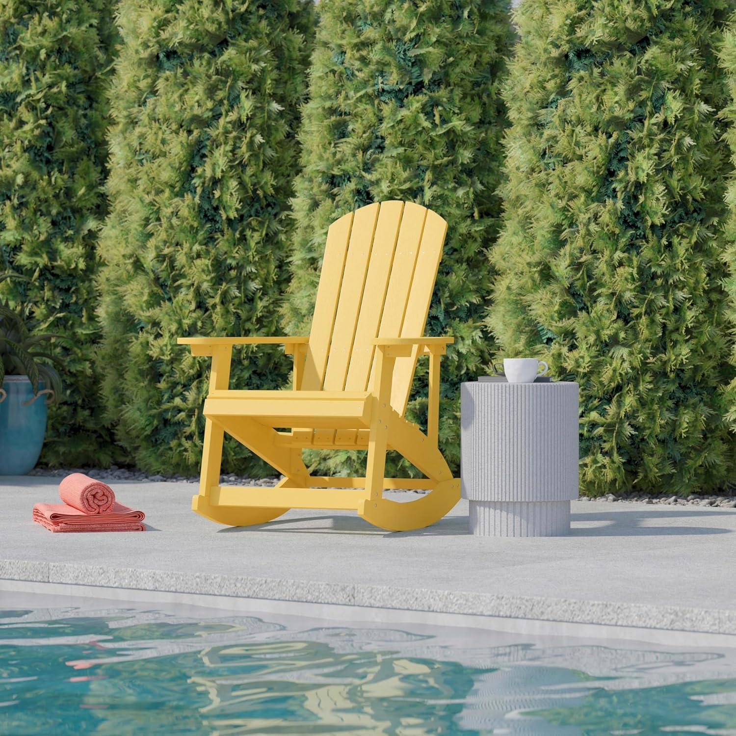 imageFlash Furniture Savannah Poly Resin Wood Adirondack Rocking Chair All Weather Yellow Polystyrene Stainless Steel HardwareYellow