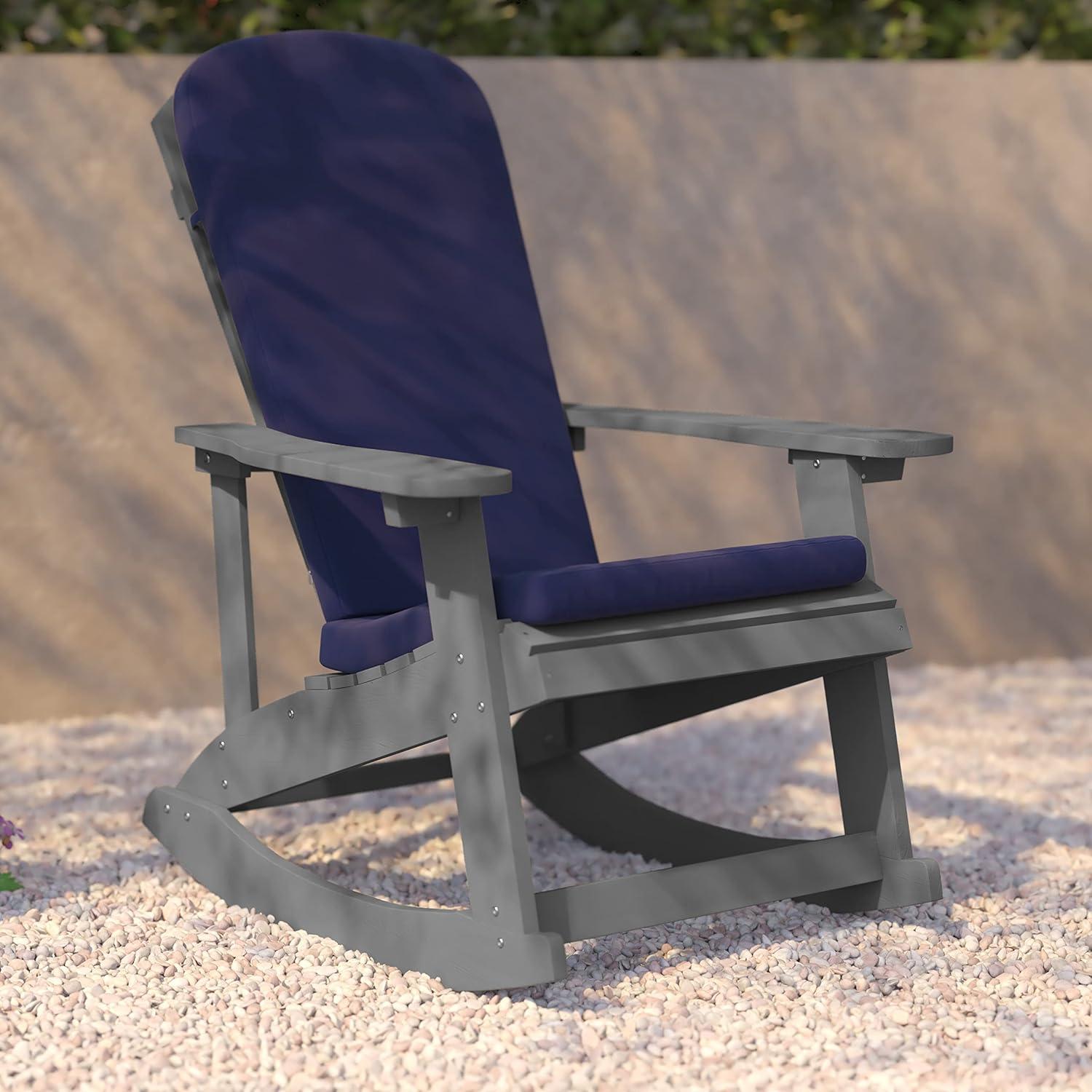 imageFlash Furniture Savannah Set of 2 Rocking Adirondack Chairs with Cushions Black Poly Resin Frame Cream AllWeather Cushions IndoorOutdoor UseGrayBlue