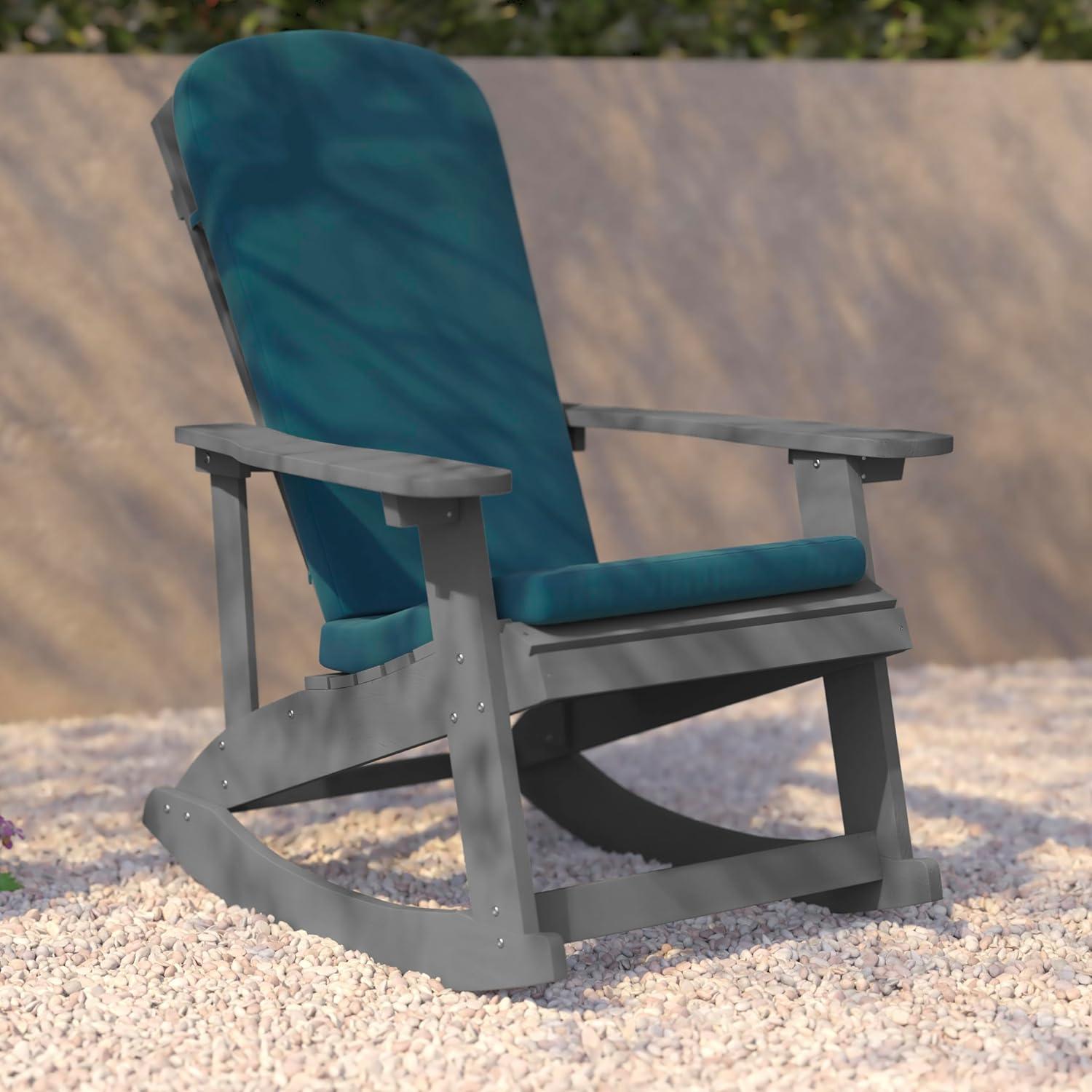 imageFlash Furniture Savannah Set of 2 Rocking Adirondack Chairs with Cushions Black Poly Resin Frame Cream AllWeather Cushions IndoorOutdoor UseGrayTeal