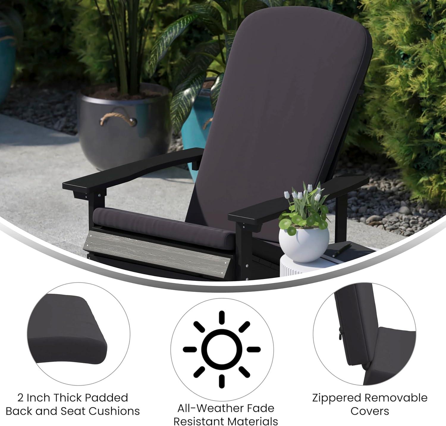 imageFlash Furniture Savannah Set of 2 Rocking Adirondack Chairs with Cushions Black Poly Resin Frame Cream AllWeather Cushions IndoorOutdoor UseGrey