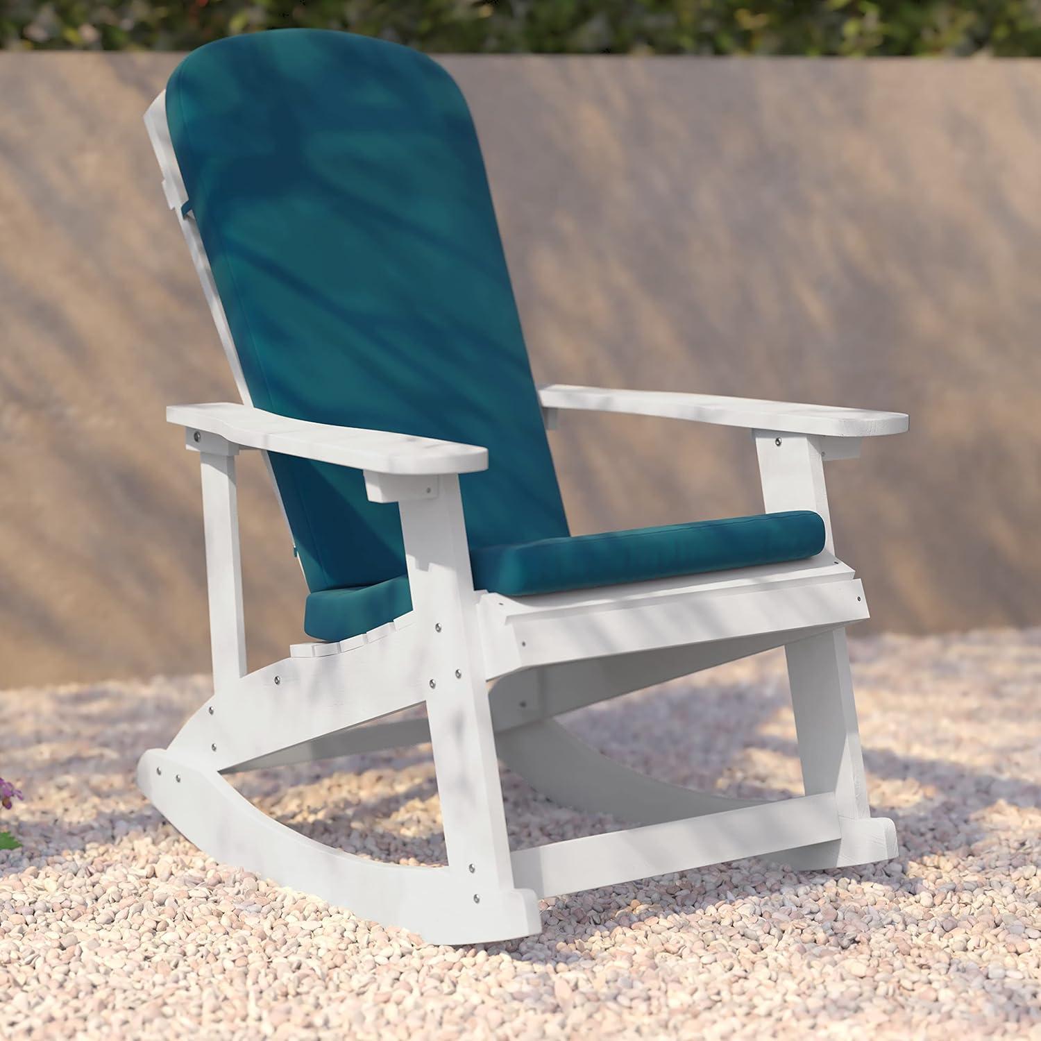 imageFlash Furniture Savannah Set of 2 Rocking Adirondack Chairs with Cushions Black Poly Resin Frame Cream AllWeather Cushions IndoorOutdoor UseWhiteTeal