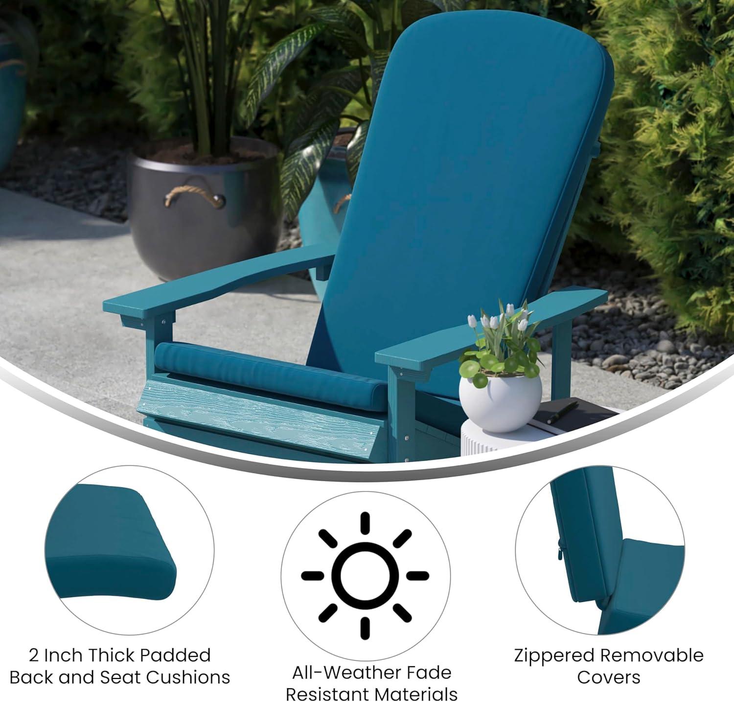 imageFlash Furniture Savannah Set of 2 Rocking Adirondack Chairs with Cushions Black Poly Resin Frame Cream AllWeather Cushions IndoorOutdoor UseWhiteTeal