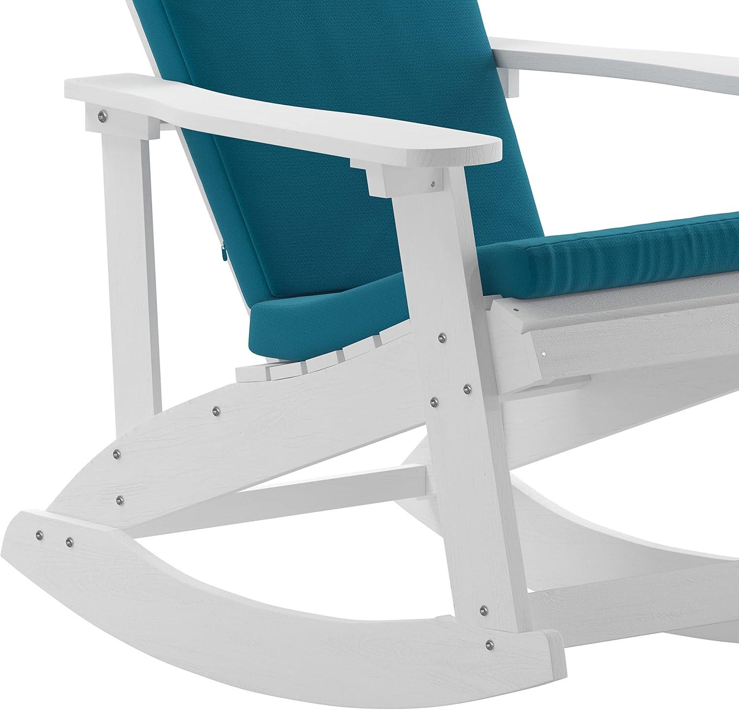 imageFlash Furniture Savannah Set of 2 Rocking Adirondack Chairs with Cushions Black Poly Resin Frame Cream AllWeather Cushions IndoorOutdoor UseWhiteTeal