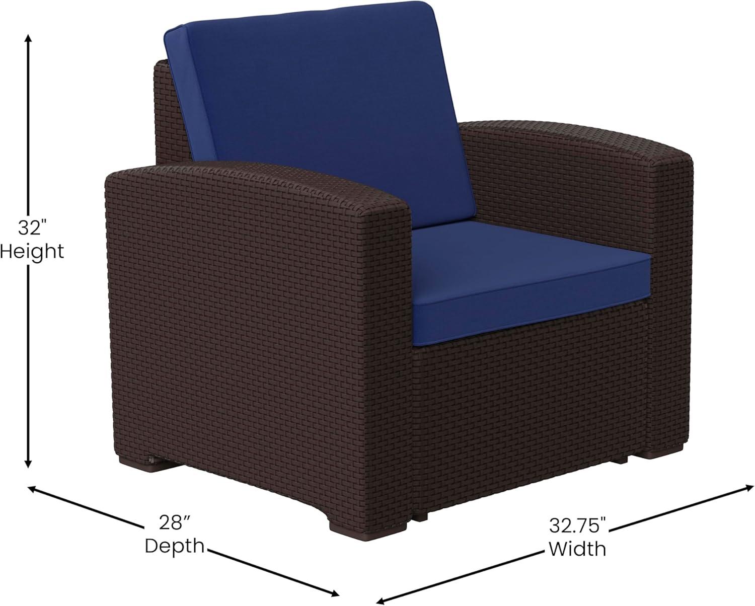 imageFlash Furniture Seneca Chocolate Brown Faux Rattan Chair with AllWeather Beige CushionNavy CushionsChocolate Brown Frame