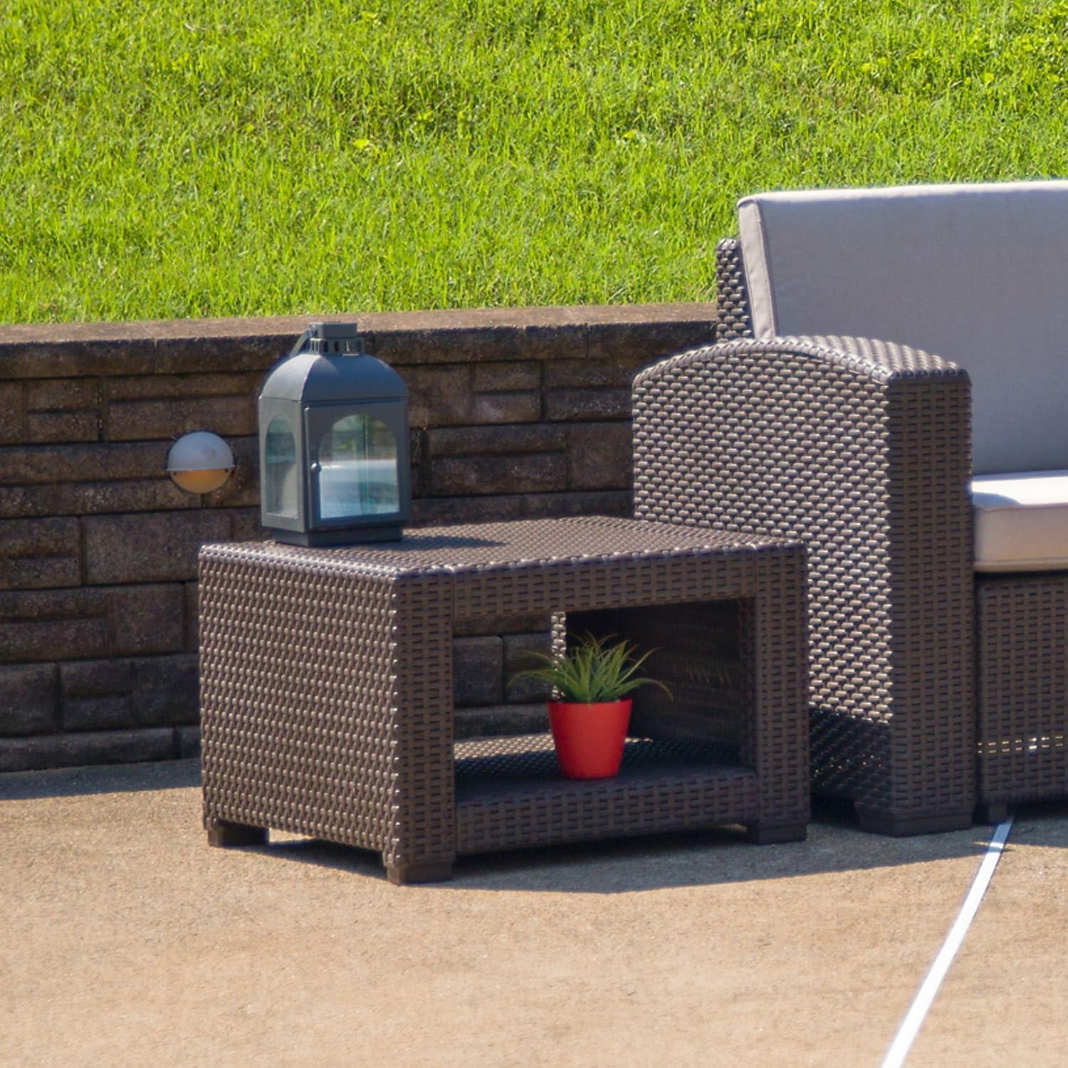 imageFlash Furniture Seneca IndoorOutdoor Chocolate Brown Faux Rattan Coffee Table with Open StorageChocolate Brown