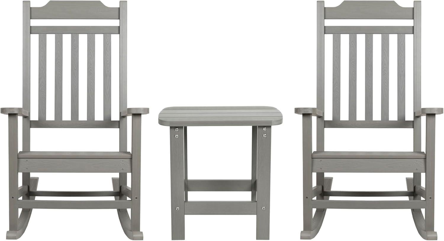 imageFlash Furniture Set of 2 Savannah Adirondack Rocking Chairs Commercial Grade AllWeather Sea Foam Poly Resin Wood Matching Side TableGrey