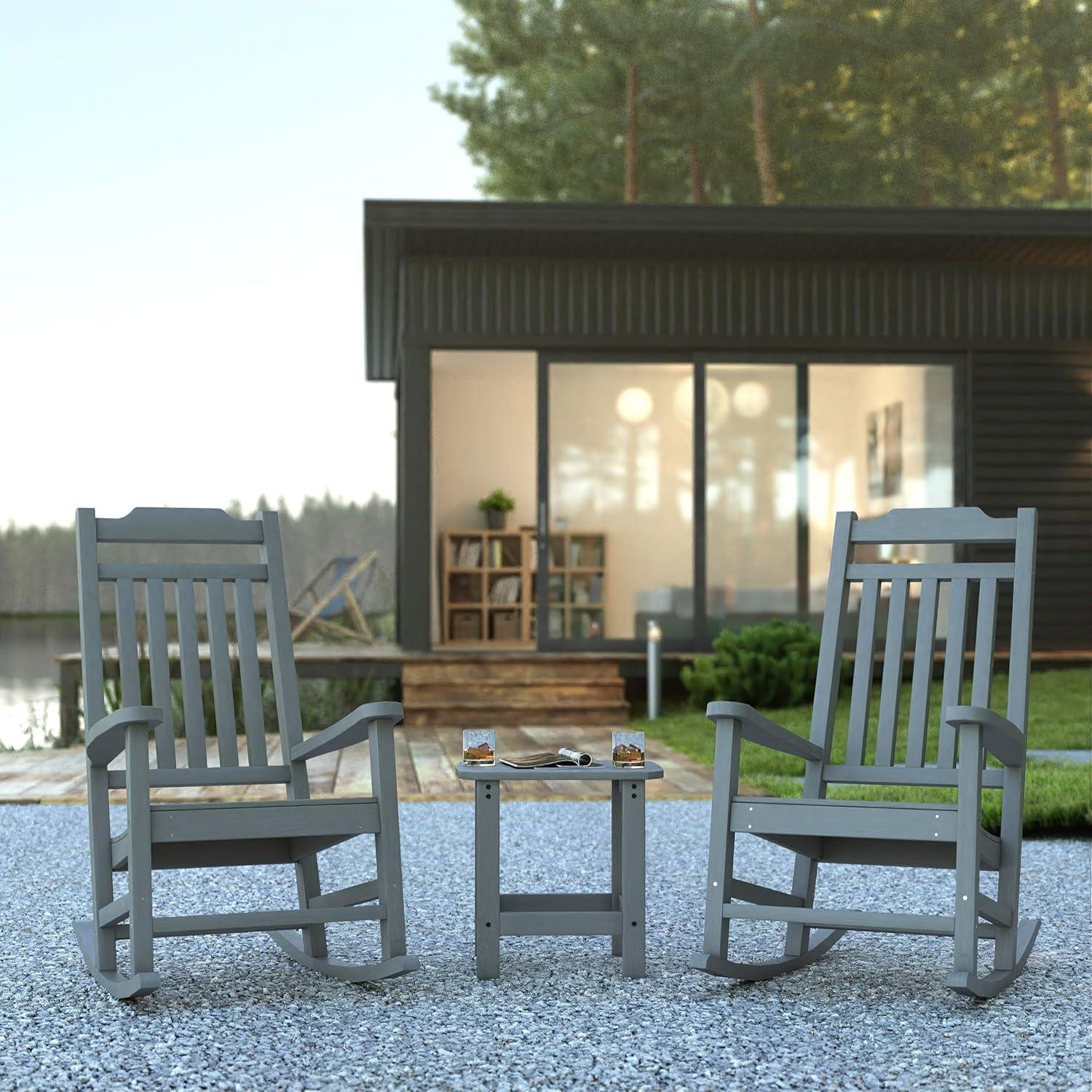 imageFlash Furniture Set of 2 Savannah Adirondack Rocking Chairs Commercial Grade AllWeather Sea Foam Poly Resin Wood Matching Side TableGrey