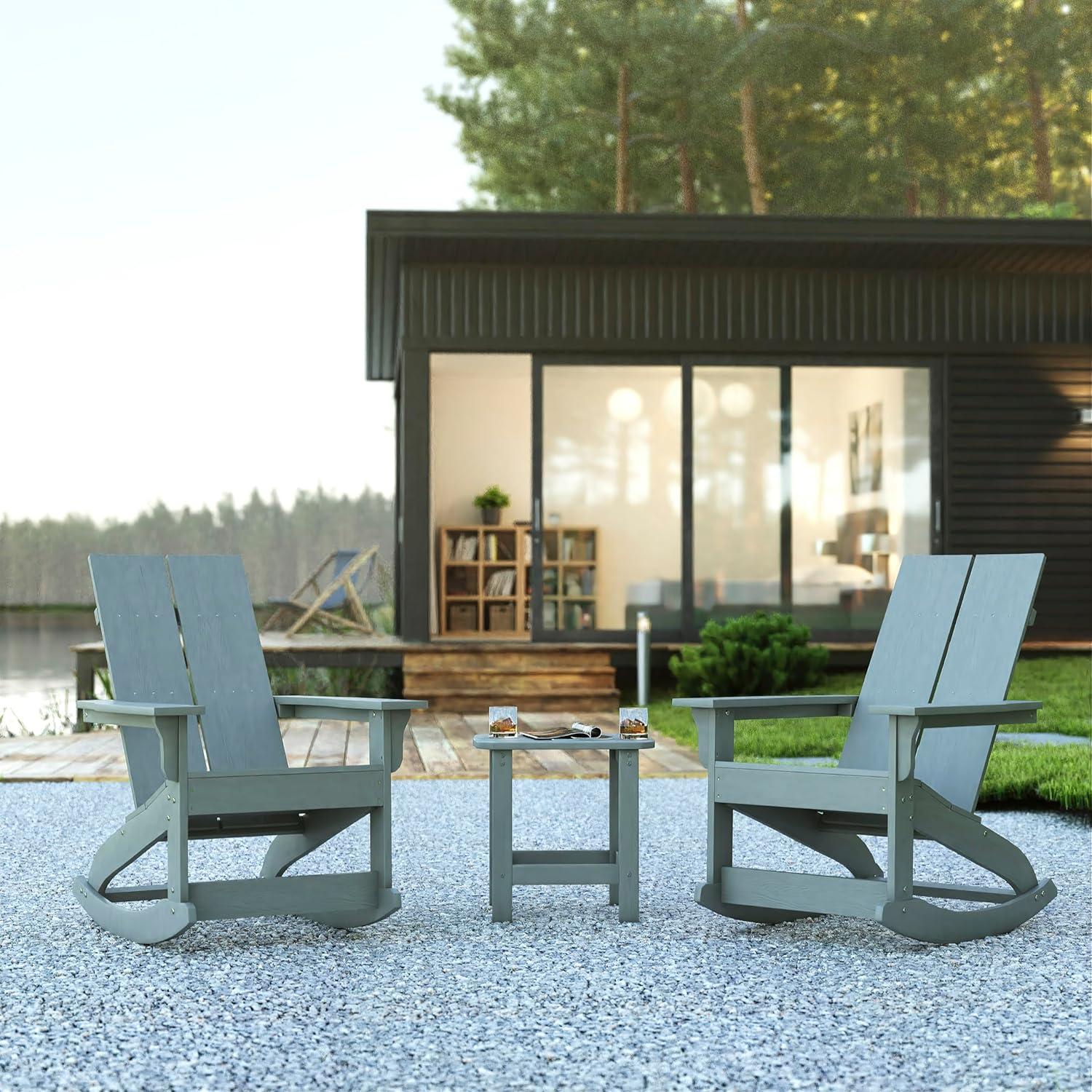 imageFlash Furniture Set of 2 Savannah Adirondack Rocking Chairs Commercial Grade AllWeather Sea Foam Poly Resin Wood Matching Side TableGrey