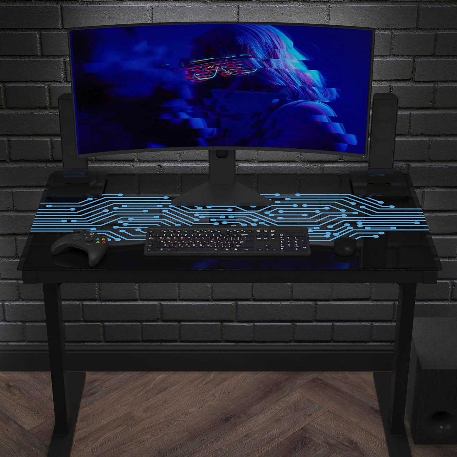 imageFlash Furniture Shan 43quot Commercial Grade Gaming Desk with LED Lights Black Steel Frame Tempered Glass Desktop Home or Office Computer Table Wired LED Remote