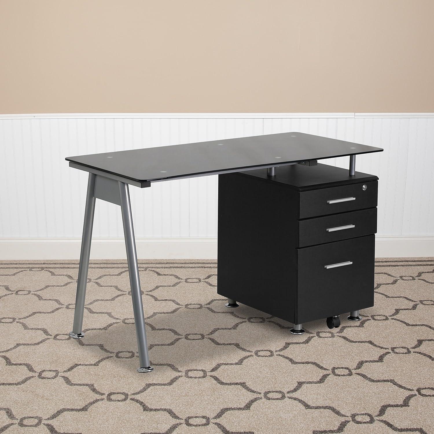 imageFlash Furniture Singleton Black Glass Computer Desk with Three Drawer Pedestal