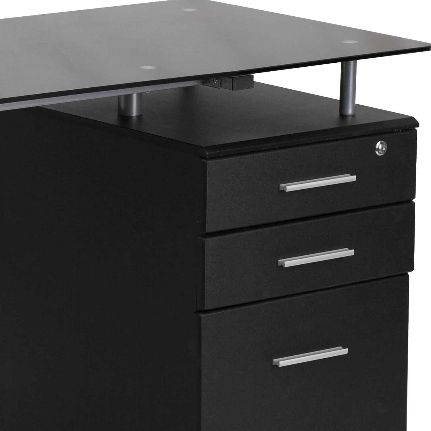 imageFlash Furniture Singleton Black Glass Computer Desk with Three Drawer Pedestal