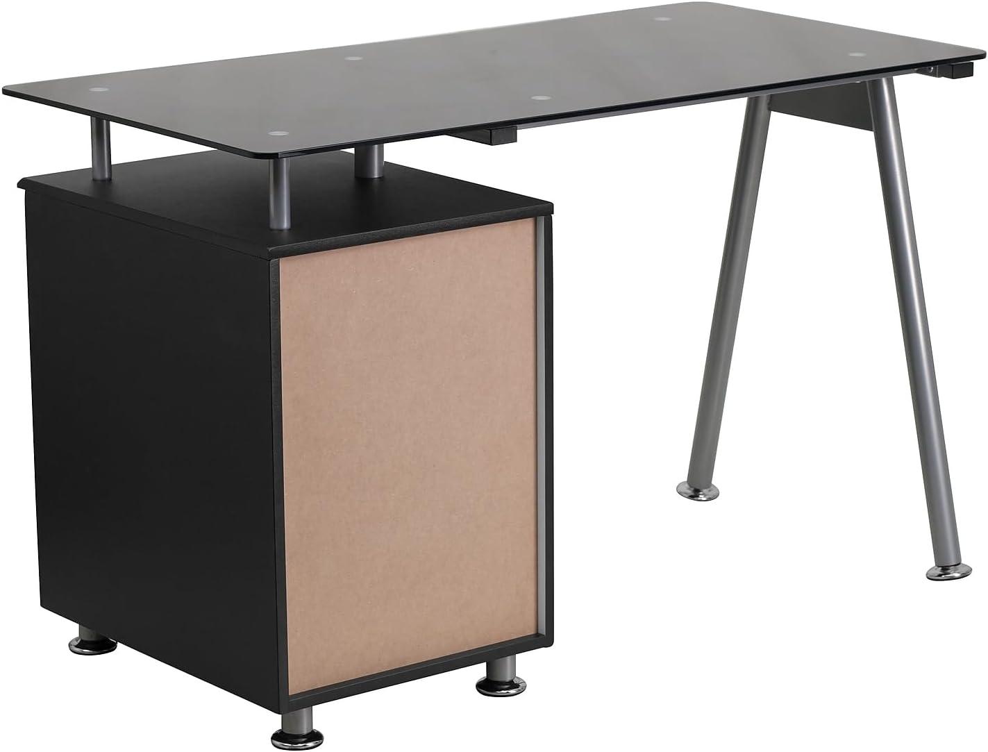 imageFlash Furniture Singleton Black Glass Computer Desk with Three Drawer Pedestal