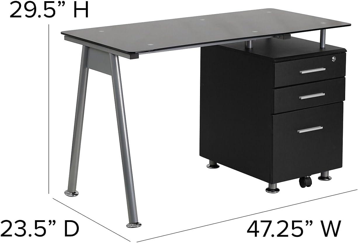 imageFlash Furniture Singleton Black Glass Computer Desk with Three Drawer Pedestal