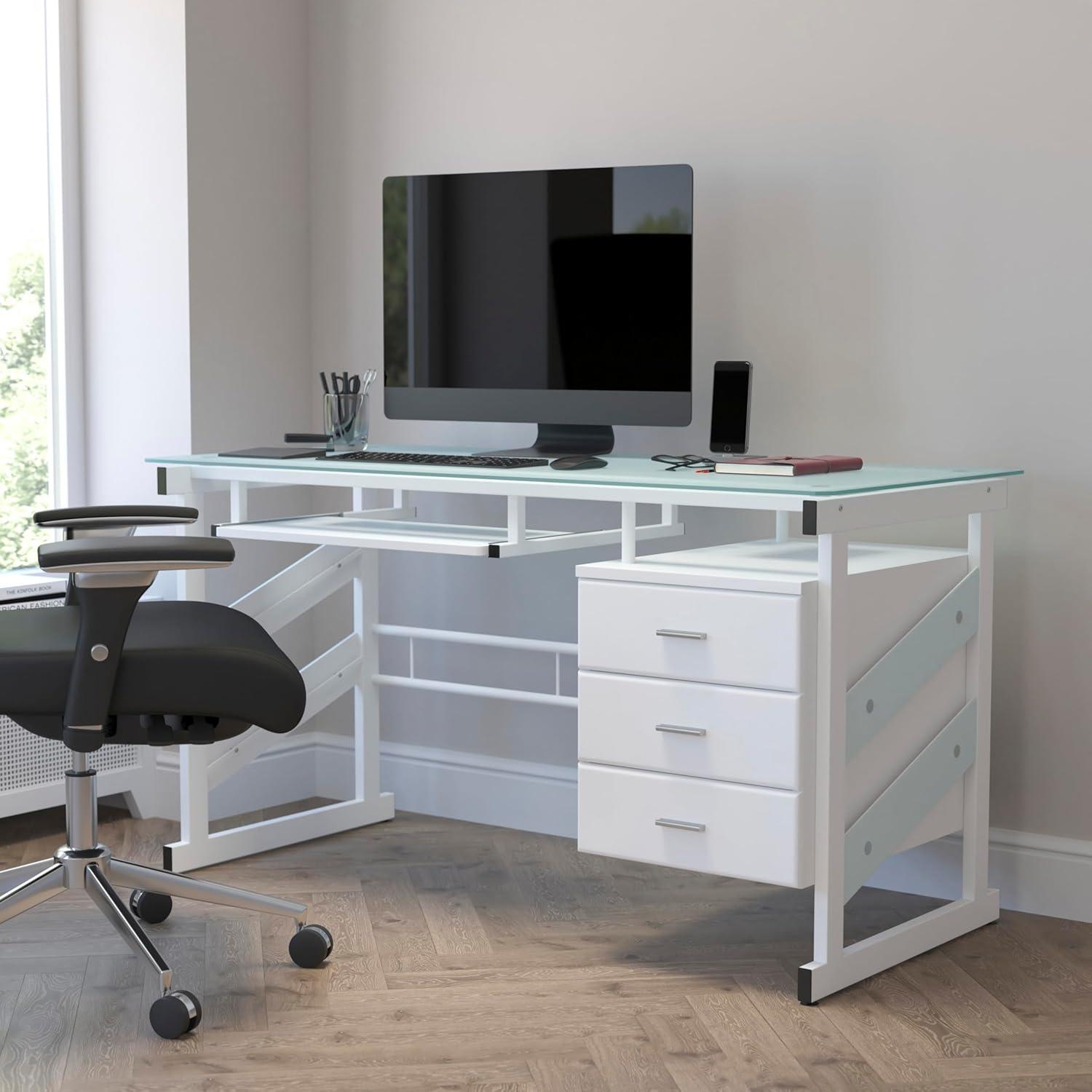 imageFlash Furniture Singleton White Computer Desk with Frosted Glass Top and Three Drawer Pedestal