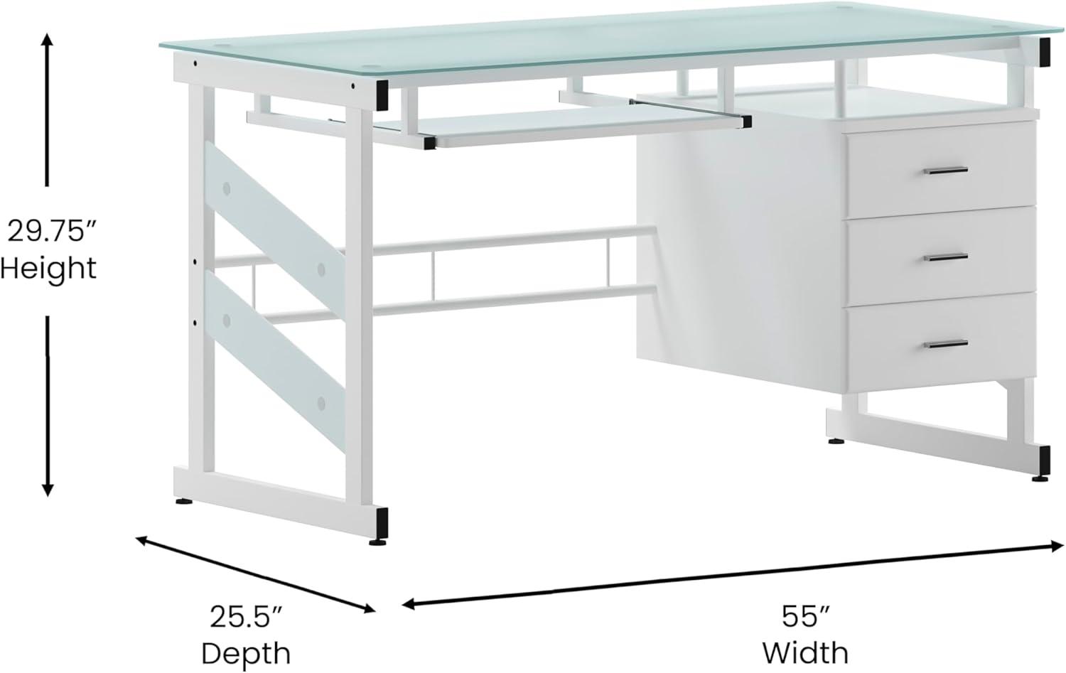 imageFlash Furniture Singleton White Computer Desk with Frosted Glass Top and Three Drawer Pedestal